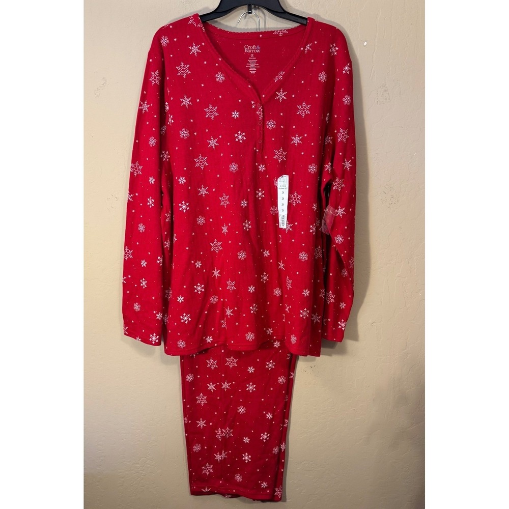 Croft & Barrow Pajama Set Women 2X Red Snowflake Festive‎ Long Sleeve Henley NEW